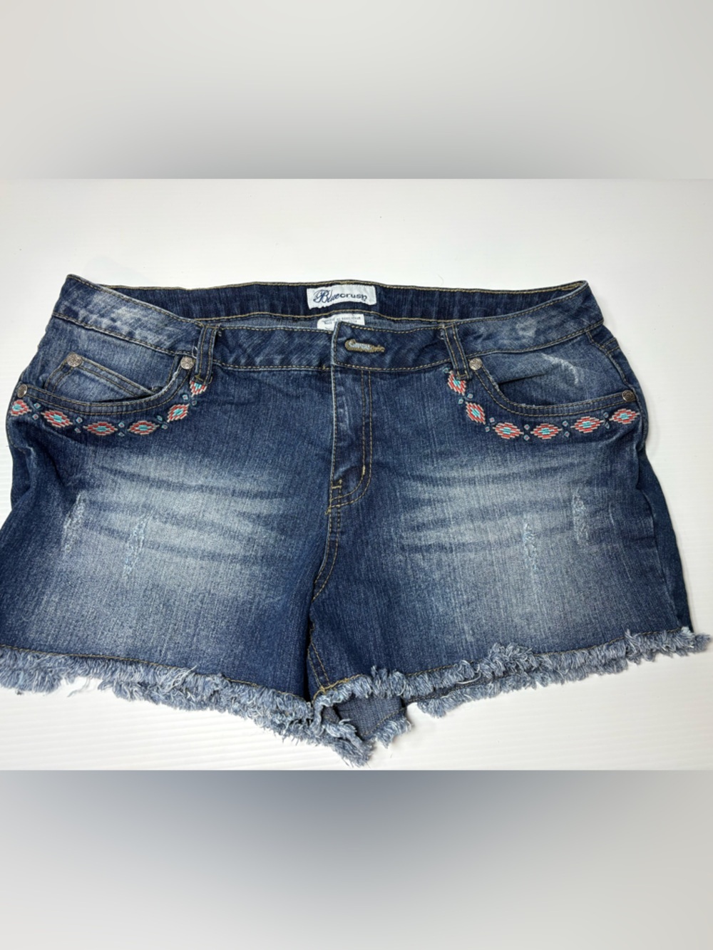 Blue Denim Frayed Hem Shorts with Embroidered Pocket Trim